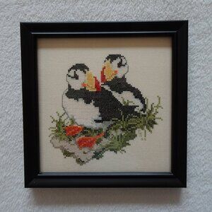 Vintage Framed Embroidery Cross Stitch Puffin Birds Design 9.5"x9.5" Miniature